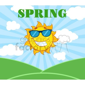 royalty free rf clipart illustration sunshine smiling sun mascot cartoon character with sunglasses over landscape vector illustration with suburst background and text spring