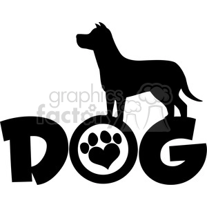 Clipart image of a dog silhouette standing on the word 'DOG' with a paw print inside the letter 'O'.