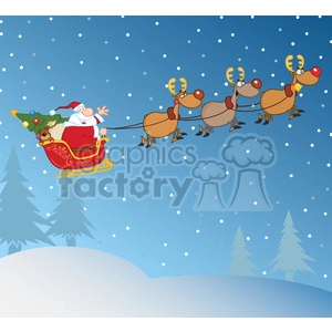 Santa Claus In Flight With His Reindeer And Sleigh In Christmas Night