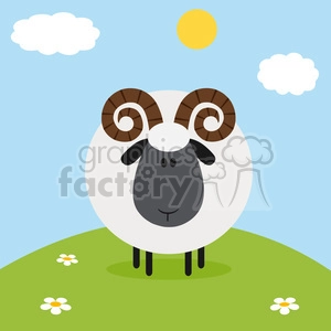 The image is a simple, cartoon-style clipart featuring a stylized ram. The ram has a large, rounded white body with a black face and legs, and prominent brown and white curled horns. It is standing on a green hill with a few white flowers, under a blue sky dotted with one white cloud and a bright yellow sun.