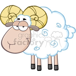 The image depicts a cartoon sheep with exaggerated features for a humorous effect. The sheep has a large, round body with fluffy white wool adorned with blue swirl patterns. It has a tan face with a prominent, round nose, and is wearing glasses that give it a bookish appearance. The sheep's large, curved horns are yellow with brown tips, and it's standing upright on its four legs, which are thin with black hooves.