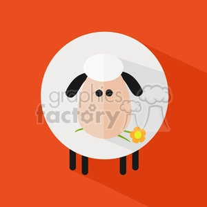 The clipart image features a stylized, cute representation of a sheep. The sheep has a round, fluffy white body with a tan face, black ears, and legs. Two black dot eyes and a little snout area are on the face. In its mouth, it holds a small yellow flower with a green stem and leaves. The background is a solid bright orange, providing a vibrant contrast to the sheep's simplistic and charming design.