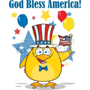 8608 Royalty Free RF Clipart Illustration Patriotic Yellow Chick Cartoon Character Waving An American Flag On Independence Day Vector Illustration Isolated On White With Text