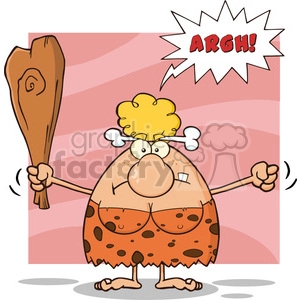 angry cave woman cartoon mascot character holding up a fist and a club vector illustration with speech bubble and text argh