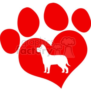The image features a white silhouette of a dog positioned inside a red heart shape. The background consists of several larger red paw print shapes scattered across a white backdrop.
