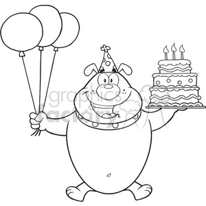 Happy Cartoon Dog with Balloons and Birthday Cake Line Art