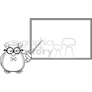 Royalty Free RF Clipart Illustration Black And White Wise Owl Teacher Cartoon Mascot Character In Front Of School Chalk Board