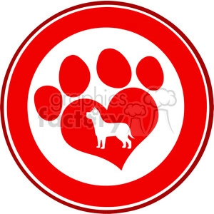 This clipart image contains a silhouette of a dog positioned inside a heart shape, which is itself part of a larger paw print design. The entire image is in red and white, with the dog, heart, and paw pad shapes in red and set against a white background, enclosed in a red circular border.