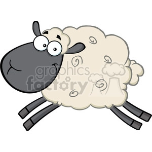 This is a clipart image of a cartoon sheep with an exaggerated funny expression. The sheep has a large, round woolly body with swirly patterns, a big dark gray face with white eyes, and a playful surprised look. Its legs are slender, and the image gives off a whimsical and lighthearted vibe.
