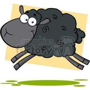 The clipart image features a cartoon sheep with a humorous appearance. The sheep is characterized by its black wool and a playful, surprised expression. It has large, googly eyes, and a smiling mouth slightly to the side, adding to its comedic appeal. The sheep's legs are stretched out as if it's jumping or frolicking. Its wool is stylized with swirl patterns, and the overall design is simplistic and bold, making it suitable for a variety of lighthearted and kid-friendly contexts.