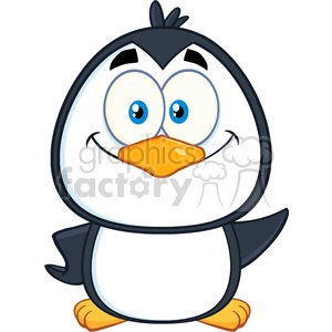 The clipart image features a cute cartoon penguin. It is primarily black and white with large expressive blue eyes and an orange beak and feet. The penguin appears to be smiling and has a happy or content expression.