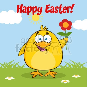 8603 Royalty Free RF Clipart Illustration Happy Easter With Smiling Yellow Chick Cartoon Character With A Red Daisy Flower Vector Illustration With Background