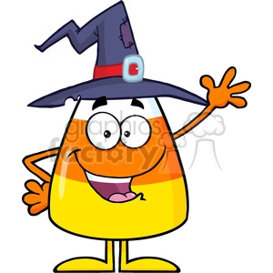 8885 Royalty Free RF Clipart Illustration Happy Candy Corn Cartoon Character With A Witch Hat Waving Vector Illustration Isolated On White