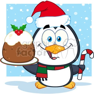 royalty free rf clipart illustration cute penguin cartoon character holding christmas pudding and candy cane on the snow vector illustration isolated on white