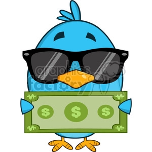8841 Royalty Free RF Clipart Illustration Cute Blue Bird With Sunglasses Cartoon Character Showing A Dollar Bill Vector Illustration Isolated On White