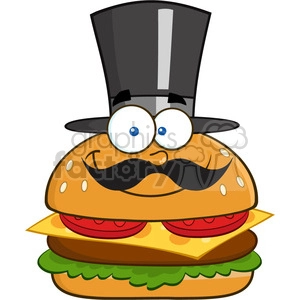 8518 Royalty Free RF Clipart Illustration Smiling Hamburger Cartoon Character Gentleman With Cylinder Hat And Mustache Vector Illustration Isolated On White