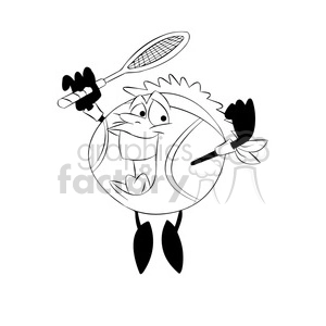 terry the tennis ball cartoon character jumping with racket black white
