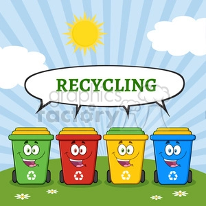 four color recycle bins cartoon character on a sunny hill with speech bubble and text recycling vector illustration isolated on white background