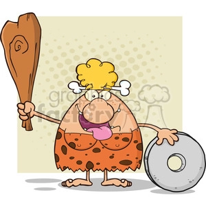 happy cave woman cartoon mascot character holding a club and showing whell vector illustration