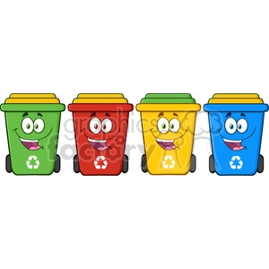 royalty free rf clipart illustration four color recycle bins cartoon character vector illustration isolated on white background