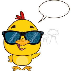 The clipart image features a stylized cartoon of a yellow chick wearing cool black sunglasses and exhibiting a very carefree, happy demeanor. There is also an empty speech bubble appearing above the chick's head, implying that it could be saying something or thinking.