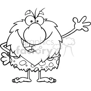 black and white happy male caveman cartoon mascot character waving vector illustration