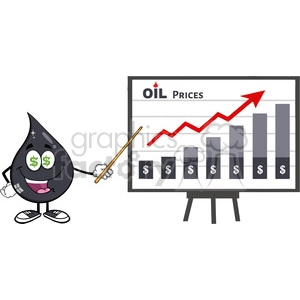greedy petroleum or oil drop cartoon character with dollar eyes pointing to a growth graph for oil prices vector illustration isolated on white background