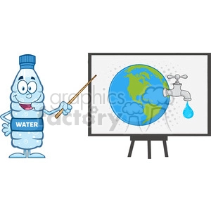 water plastic bottle cartoon mascot character using a pointer stick by a board with earth globe with water faucet and drop vector illustration isolated on white