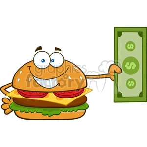 illustration smiling burger cartoon mascot character holding a dollar bill vector illustration isolated on white background