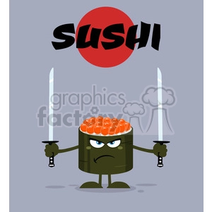 illustration angry sushi roll cartoon mascot character ready to fight with two katana swords vector illustration flat style poster with background