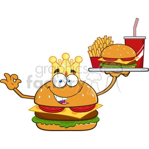illustration king burger cartoon mascot character holding a platter with burger, french fries and a soda vector illustration isolated on white background
