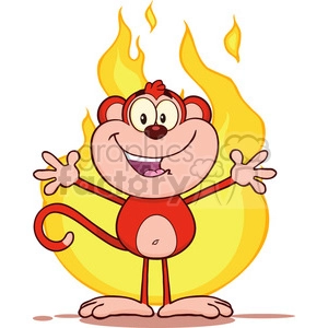 A cheerful cartoon monkey with a big smile standing in front of a large fire background.