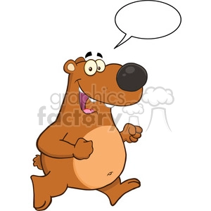 royalty free rf clipart illustration smiling brown bear cartoon character running with speech bubble vector illustration isolated on white