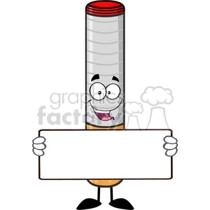 Cartoon cigarette character holding a blank sign with a happy expression.