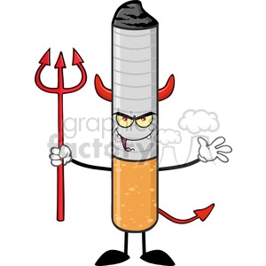 Clipart image of an anthropomorphic cigarette characterized as a devil. The cigarette has red devil horns, an evil grin, and is holding a red pitchfork, with a devil tail emerging from behind.
