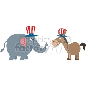 Political Cartoon of Republican Elephant and Democratic Donkey with Uncle Sam Hats
