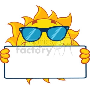 cute sun cartoon mascot character with sunglasses holding a blank sign vector illustration isolated on white background
