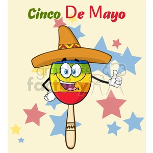 happy colorful mexican maracas cartoon mascot character with sombrero hat giving a thumbs up vector illustration with background and text cinco de mayo