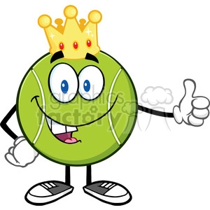 king tennis ball cartoon mascot character with golden crown giving a thumb up vector illustration isolated on white