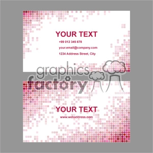 Two examples of a modern business card design with a pixelated pattern in shades of pink and violet. One card displays a placeholder for text, phone number, email, and address, while the other shows a placeholder for text and web address.