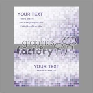 A business card template featuring a pixelated purple and white background. The card has placeholders for custom text, including name, contact number, email address, physical address, and website URL.
