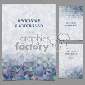 A set of three brochure background designs featuring a low-poly, geometric pattern in various shades of blue, purple, and green. Each design includes a placeholder for text and a title reading 'BROCHURE BACKGROUND'.