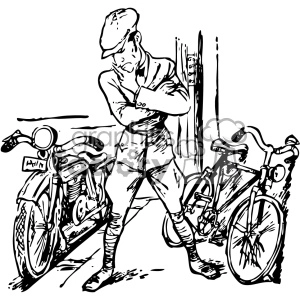 A black and white clipart image depicting a man wearing a cap standing with his arms crossed between a motorcycle and a bicycle.