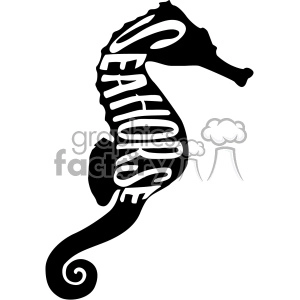 A black and white clipart image of a seahorse with the word 'SEAHORSE' creatively integrated into its body.
