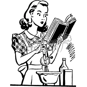 A vintage-style clipart image of a woman in an apron, reading a cookbook while mixing ingredients in a bowl with a hand mixer. Various kitchen items, such as bottles and a measuring cup, are also seen in the image.