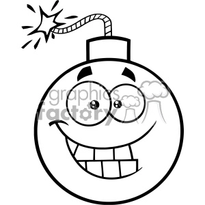 A black and white clipart illustration of a cartoon bomb with a happy, smiling face. The bomb has wide, expressive eyes and a lit fuse at the top.