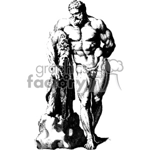Clipart image of a muscular, bearded man standing beside a rock or pillar.