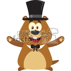 10632 Royalty Free RF Clipart Smiling Marmot Cartoon Mascot Character With Hat And Open Arms In Groundhog Day Vector Flat Design With Background Isolated On White