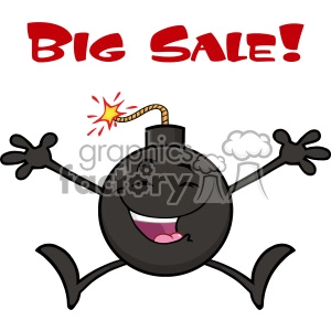 A cartoon bomb character with a lit fuse is excitedly jumping, alongside the text 'Big Sale!' in bold red letters.