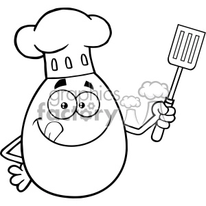 10961 Royalty Free RF Clipart Black And White Chef Egg Cartoon Mascot Character Licking His Lips And Holding A Spatula Vector Illustration
